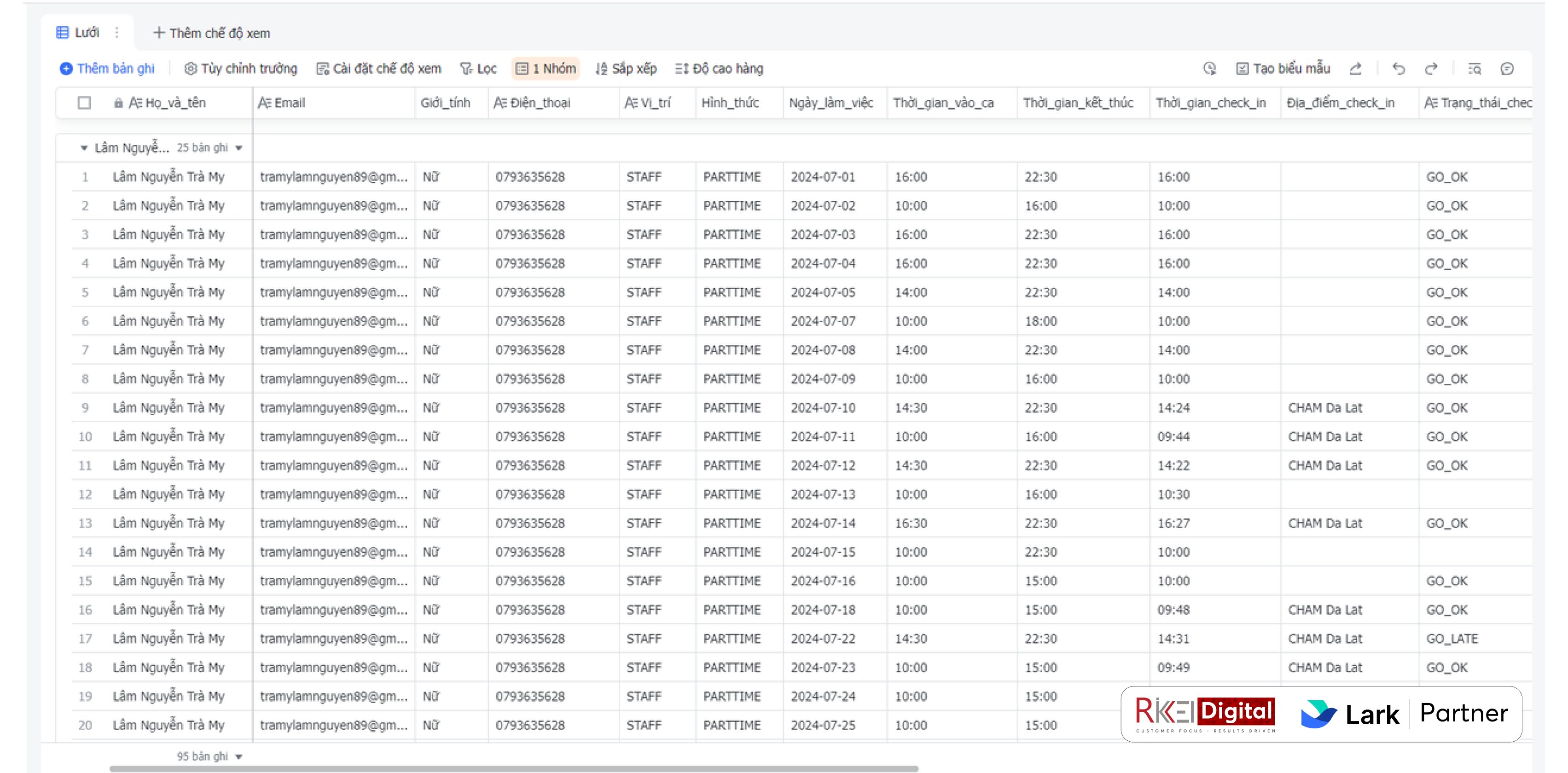 Dữ liệu chấm công sau khi được đồng bộ về Lark Base
